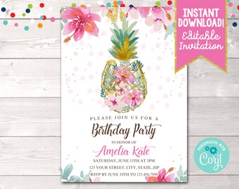 Printable Pineapple & Flowers Birthday Party Invite Editable Floral Pineapple Girls Birthday Invite Instant Download Summer Party Invitation