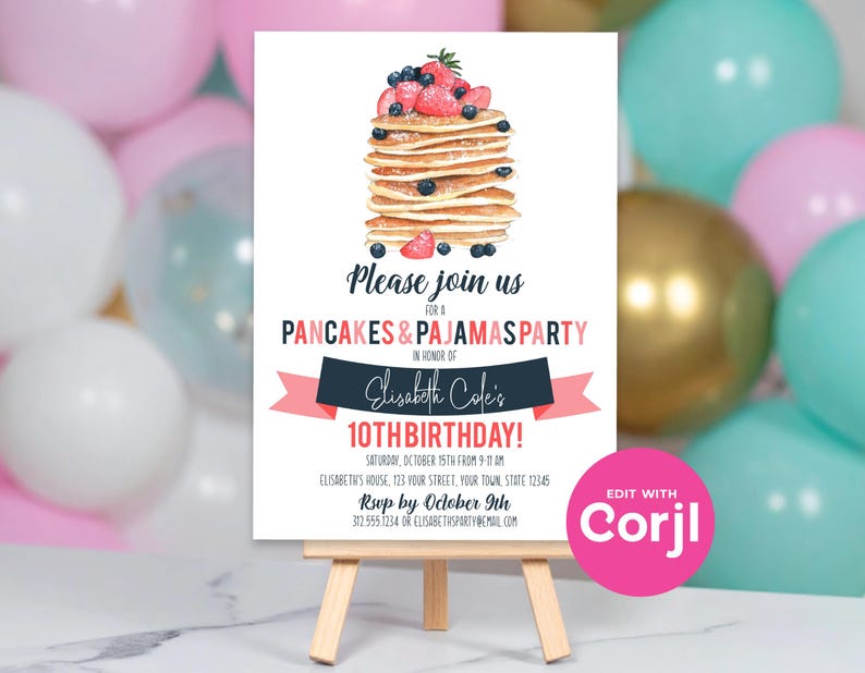 Pancakes & Pajamas Birthday Invitation | Pajama Party Invite | Editable Corjl Template image 6