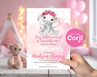 Elephant 1st Birthday Invitation: Editable Girl Party Invite (Digital Download) Print or Text