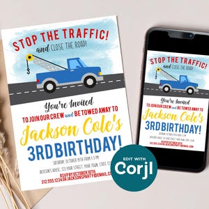 Tow Truck Birthday Invitation, Truck Theme Party Invite, Boys Birthday Invitation, Tow Truck Party, Printable Kids Birthday image 2