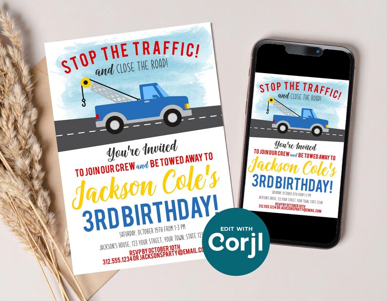 Tow Truck Birthday Invitation, Truck Theme Party Invite, Boys Birthday Invitation, Tow Truck Party, Printable Kids Birthday image 2