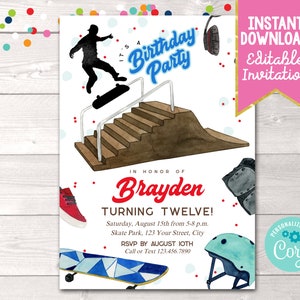 Instant Download Boys Skateboard Birthday Party Invitation, Editable Skate Park Printable Birthday Invite, Teen Boys Skating Birthday Invite image 1