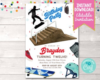 Instant Download Boys Skateboard Birthday Party Invitation, Editable Skate Park Printable Birthday Invite, Teen Boys Skating Birthday Invite