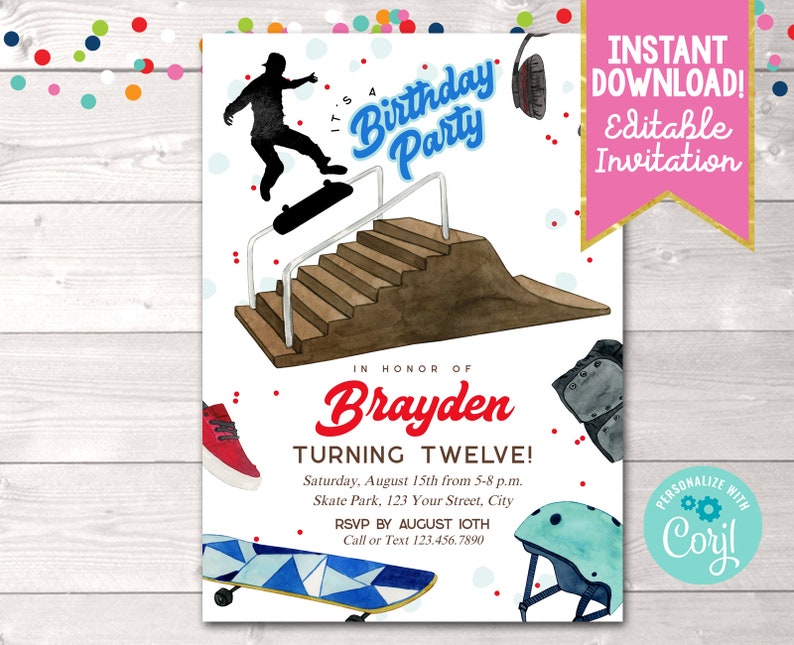 Instant Download Boys Skateboard Birthday Party Invitation, Editable Skate Park Printable Birthday Invite, Teen Boys Skating Birthday Invite image 1