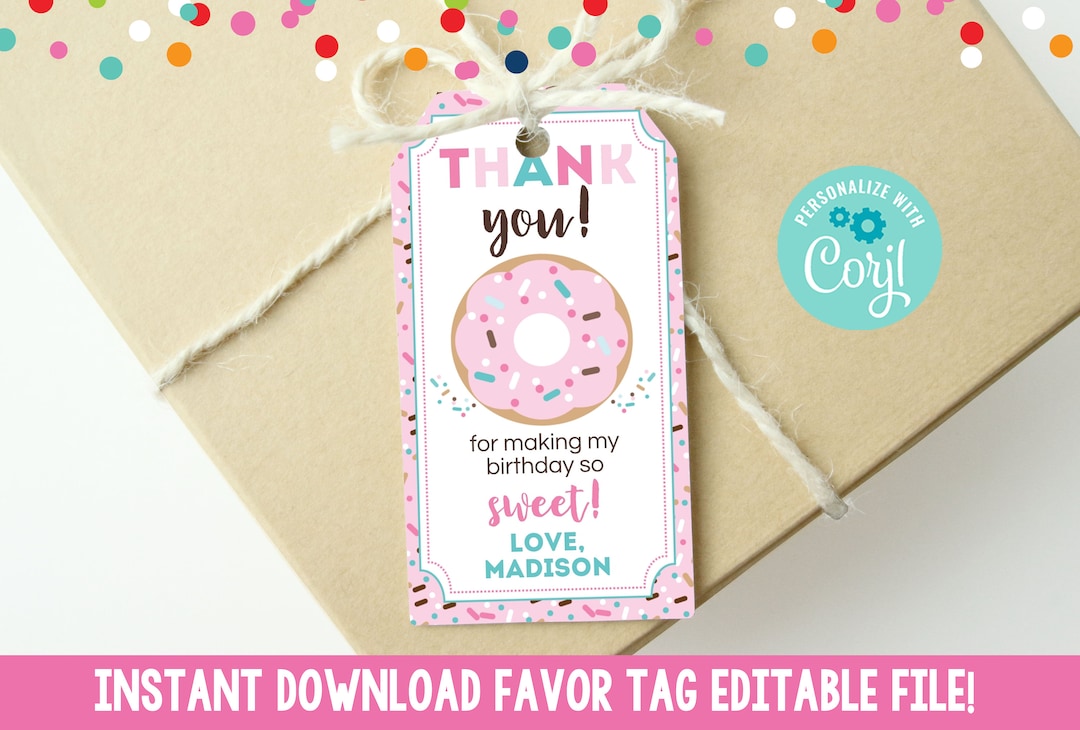Editable Pink Donut Party Favor Tag, Kids Printable Donut Gift Tag ...