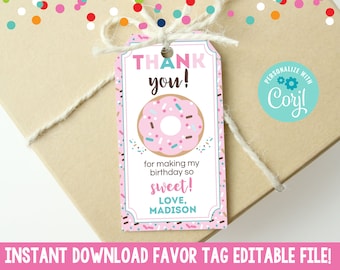 Editable Pink Donut Party Favor Tag, Kids Printable Donut Gift Tag, Girls Pink Donut Birthday Party Favor Tag Printable PDF JPG Digital File