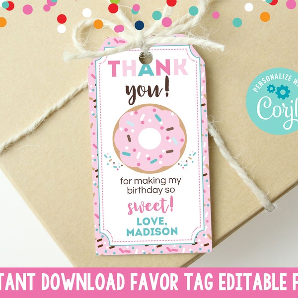Editable Pink Donut Party Favor Tag, Kids Printable Donut Gift Tag, Girls Pink Donut Birthday Party Favor Tag Printable PDF JPG Digital File