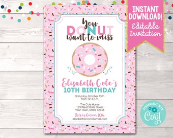 Donut Birthday Party Invitation, Printable Donut Birthday Party Invitation, Editable Donut Party Invitation, Doughnut Invitation Corjl