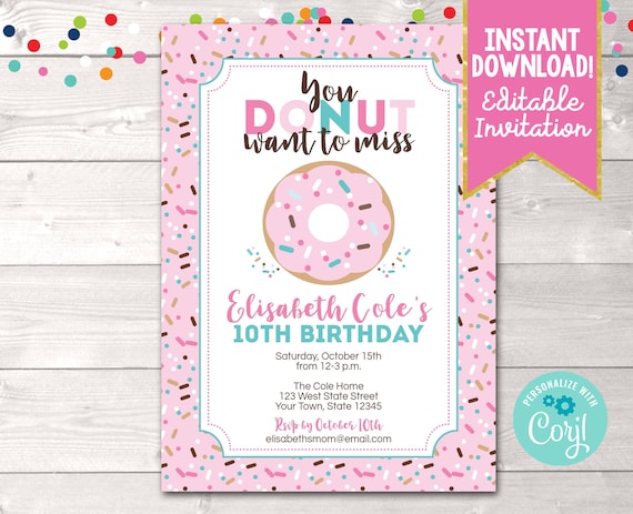 Donut Birthday Party Invitation, Printable Donut Birthday Party ...