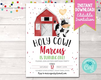 Printable Holy Cow Birthday Party Invitation, Editable Boys Farm Birthday Invite, Instant Download Barnyard Boys Birthday Party Invitation