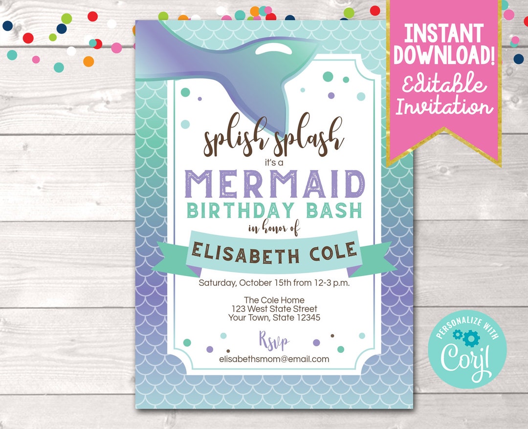 Printable Mermaid Birthday Party Invitation, Editable Girls Mermaid Birthday Party Invite in ...