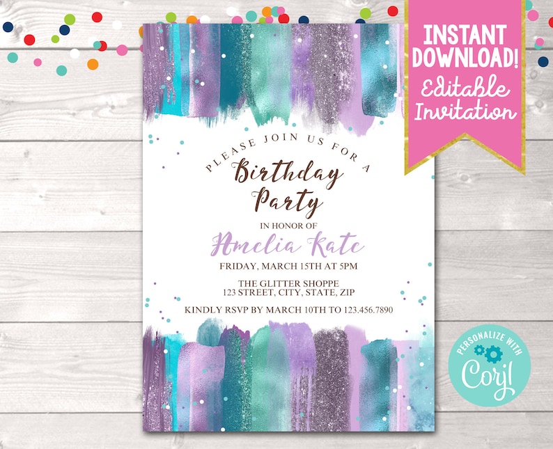 Purple & Teal Glitter Splash Birthday Party Invitation, Instant Download Editable Girls Birthday Party Invite, Tween Teen Birthday Invite image 1