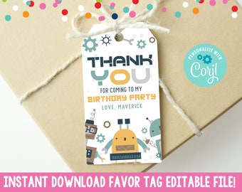 Printable Robots Birthday Party Favor Tag Gift Tag, Editable Boys Robot Favor Tag, Instant Download Nuts & Bolts Robots Party Favor Tag PDF