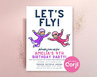 Girls Indoor Skydiving Birthday Invitation | Kids Editable Party Invite