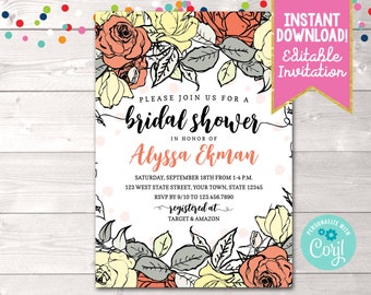 Fall Bridal Shower Invitation, Editable Bridal Shower Invite, Printable Winter Wedding Shower Invite, Floral Bridal Shower Invite Template