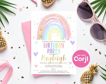 Rainbow Birthday Party Invitation: Editable Girl's Invite (Digital Download) Print or Text
