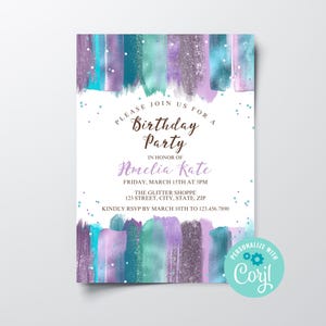 Purple & Teal Glitter Splash Birthday Party Invitation, Instant Download Editable Girls Birthday Party Invite, Tween Teen Birthday Invite