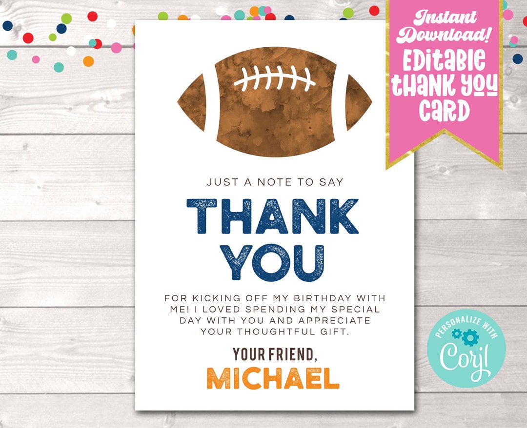 Printable Football Thank You Card, Corjl Editable Boys Football ...