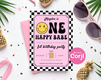 Retro Smiley Face 1st Birthday Invitation: Editable One Happy Babe (Digital) Print or Text