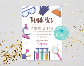 Printable Girls Science Birthday Party Thank You Card, Editable Kids Science Birthday Party Thank You Instant Download PDF Digital File
