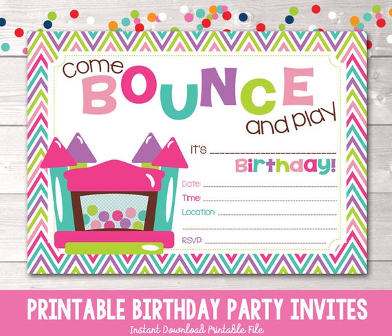 bounce house instant download birthday party invitation girls etsy