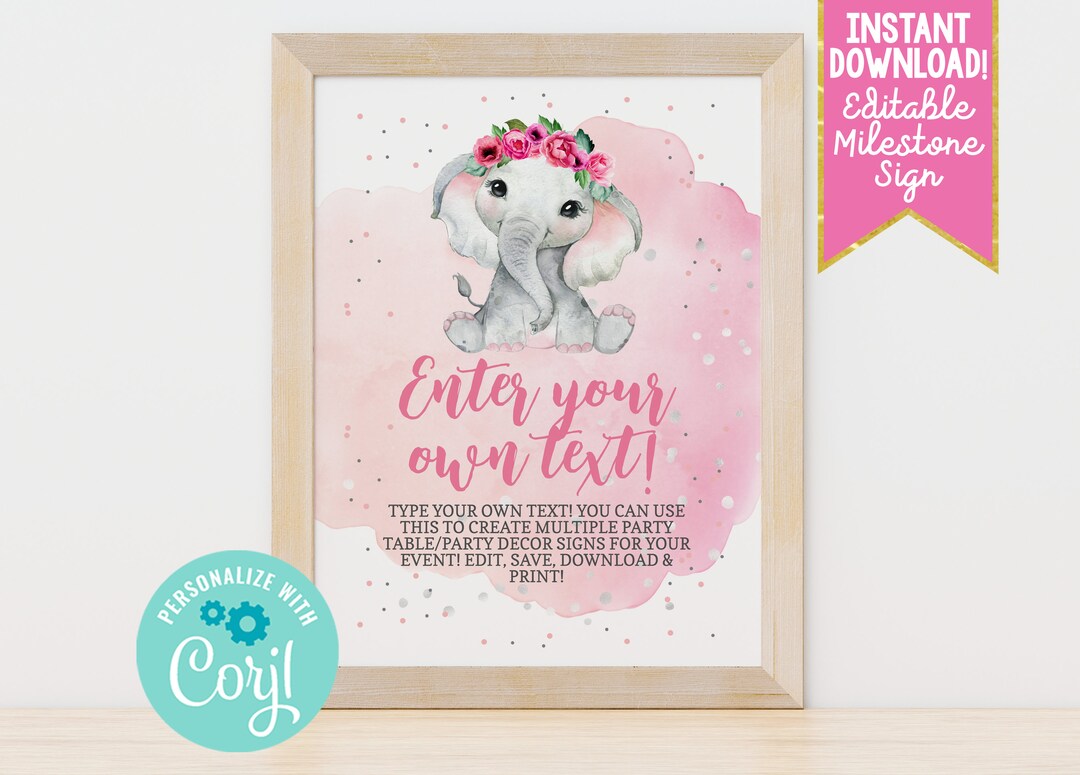 Instant Download Editable Party Sign Template, Printable Pink Elephant ...