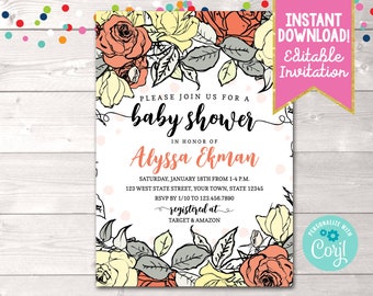 Printable Fall Baby Shower Invitation, Floral Baby Shower Invitation Template, Editable Fall Baby Shower Invite Instant Download Digital PDF