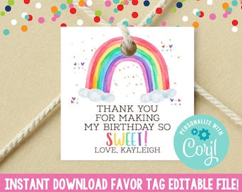 Instant Download Watercolor Rainbow Favor Tag, Printable Square Birthday Party Baby Shower Gift Tag, Editable Rainbow Favor Tag Digital File