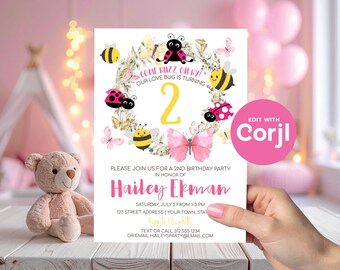 Love Bug Birthday Invitation: Ladybugs, Bees, Butterfly (Editable, Digital Download) Print or Text