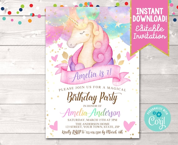 Unicorn Party Package, Printable Watercolor Unicorn Party Decorations,  Unicorn Birthday Party Decor, Editable INSTANT DOWNLOAD -  Israel