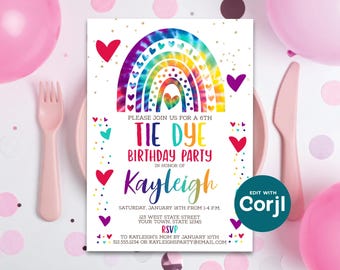 Zaproszenie urodzinowe tie-dye do druku: Tęczowe serca, edytowalne (do pobrania cyfrowego) do druku lub z tekstem
