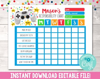 Instant Download Reward Chart, Editable Video Game Controller Responsibility Chart, Printable Toddler Boys Chore Chart Instant Download PDF