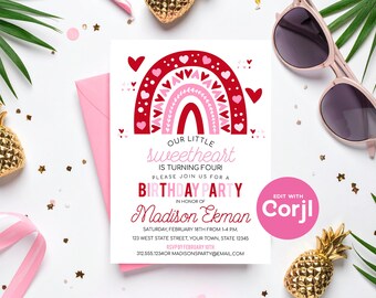 Little Sweetheart Birthday Invitation: Hearts & Rainbows (Printable, Editable) Print or Text