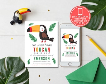 Invitación de cumpleaños con temática de tucanes / Invitación editable en Canva (para imprimir o enviar por texto) / Tema de aves tropicales