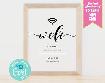 Editable Wifi Password Sign, Instant Download Wifi Network and Password Sign Printable PDF for Guests Customers & Business Corjl