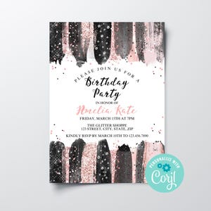 Editable Pink & Black Glitter Girly Birthday Party Invitation, Instant Download Teen Adult Girls Glitter Birthday Invite Printable PDF JPG