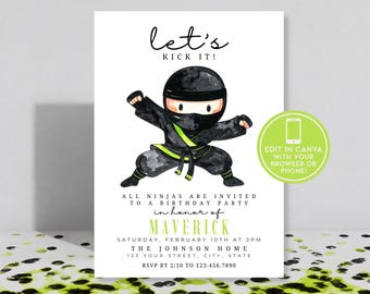 Convite de Aniversário Ninja Editável | Convite para Festa Preto e Verde (Download Digital)