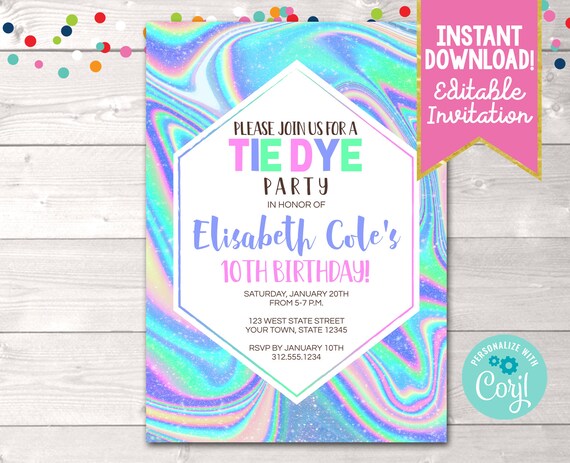 Editable Tie Dye Birthday Party Invitation, Instant Download Tie Dye Birthday Party Invite ...
