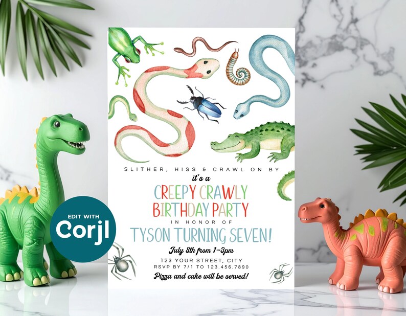 Reptile Birthday Party Invitation: Snakes, Spiders, Frog (Printable) Print or Text image 5