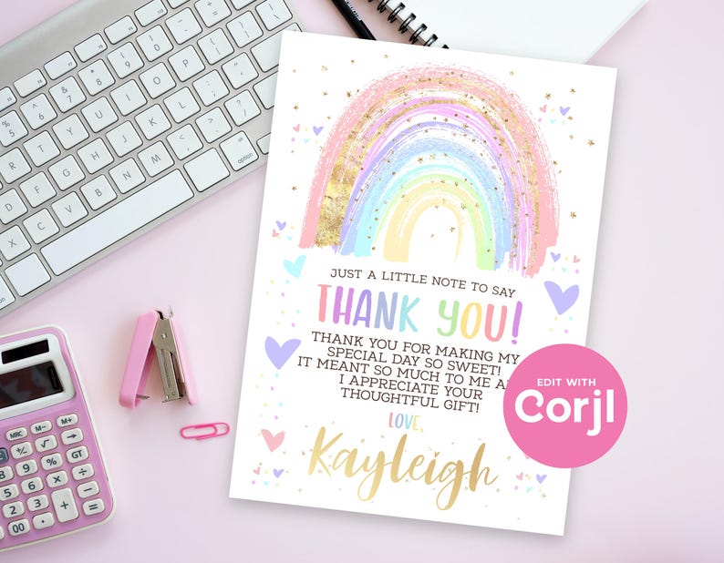 Rainbow Thank You Card: Editable Birthday, Baby Shower (Instant Download) image 5