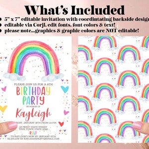 Uitnodiging voor verjaardagsfeestje aquarel regenboog: bewerkbare afdrukbare (digitale download) print of tekst afbeelding 3