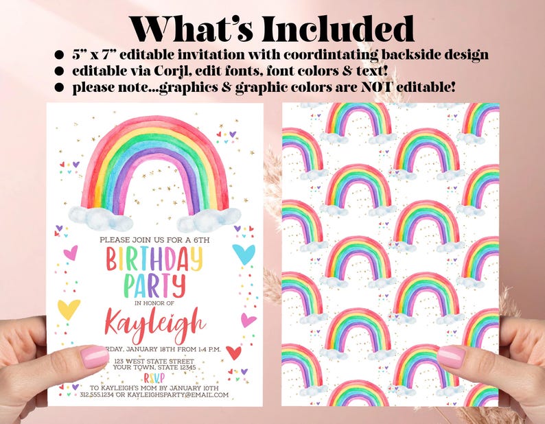 Uitnodiging voor verjaardagsfeestje aquarel regenboog: bewerkbare afdrukbare (digitale download) print of tekst afbeelding 3