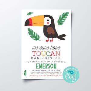 Editable Toucan Birthday Party Invitation, Girls Boys Toucan Bird Birthday Party Invite, Printable Tropical Birthday Invite Instant Download