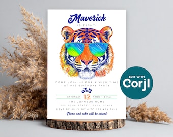 Tiger Birthday Party Invitation: Preppy Retro Style (Editable) Print or Text