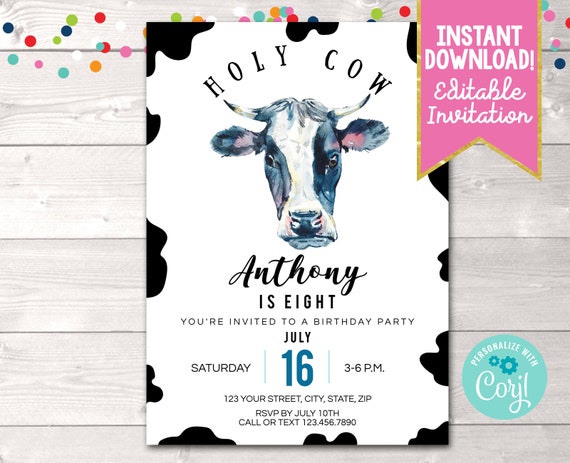 Printable Cow Birthday Party Invitation Editable Boys Farm - Etsy