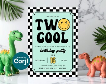 Two 2nd Birthday Invitation, Retro Smiley Face (Digital Download)