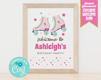 Instant Download Retro Roller Skating Birthday Party Welcome Sign, Printable & Editable Girls Roller Skating Birthday Sign Digital Template