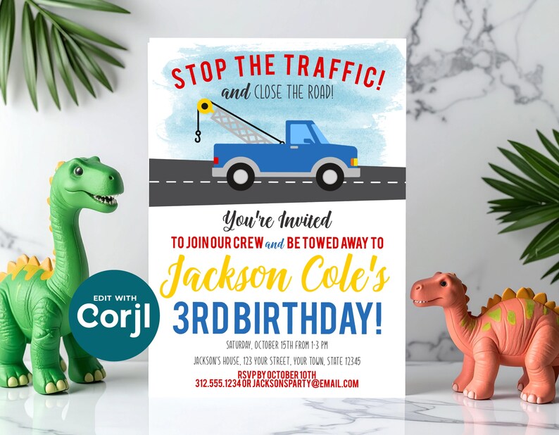 Tow Truck Birthday Invitation, Truck Theme Party Invite, Boys Birthday Invitation, Tow Truck Party, Printable Kids Birthday image 5