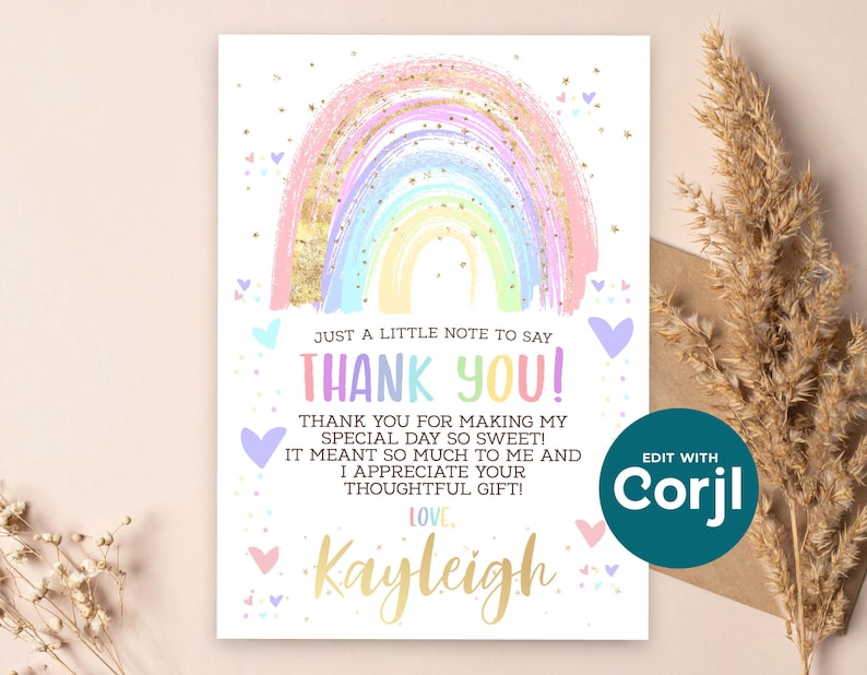 Rainbow Thank You Card: Editable Birthday, Baby Shower (Instant Download) image 10
