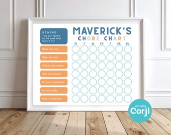 Boys Chore Chart Printable | Editable Responsibility & Reward Chart for Kids and Toddlers | Corjl Template | Instant Download PDF JPG